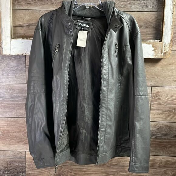 CARBON Women’s Hooded Faux Leather Riding Jacket Coat Dark Grey Size Large - Picture 9 of 11